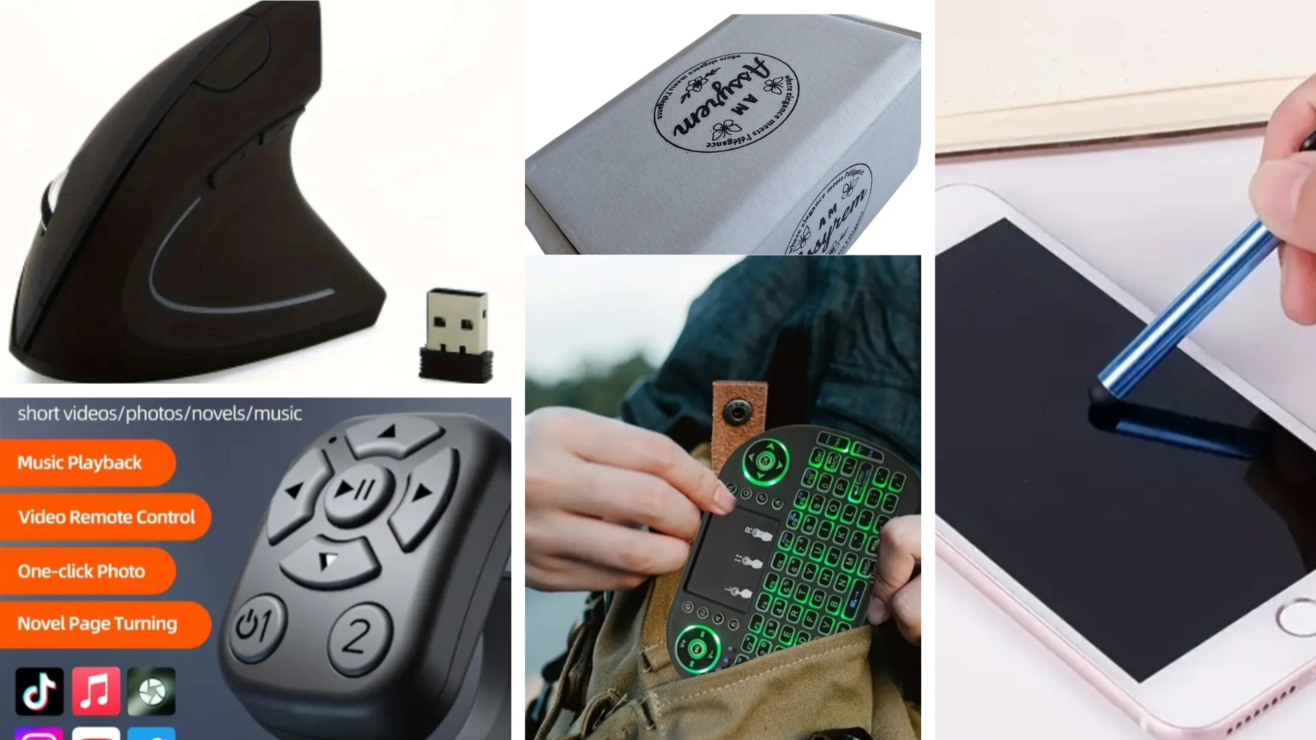 Pack Connecté : Mini Clavier, Souris Ergonomique et Mini Télécommande Multifonction et 2 Stylets Tactiles