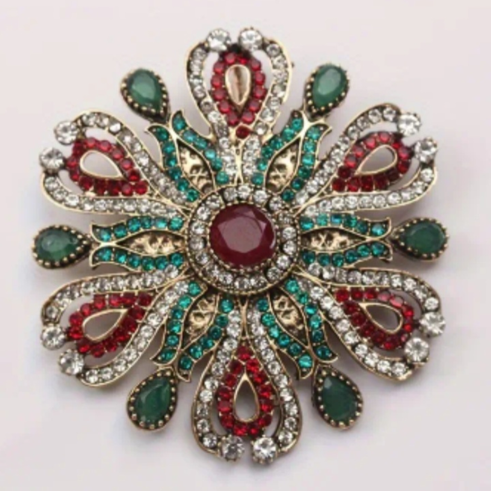 🌸 Broche Vintage Florale Élégante en Strass – Rouge & Vert, Style Rétro Chic - AM ASSYREM