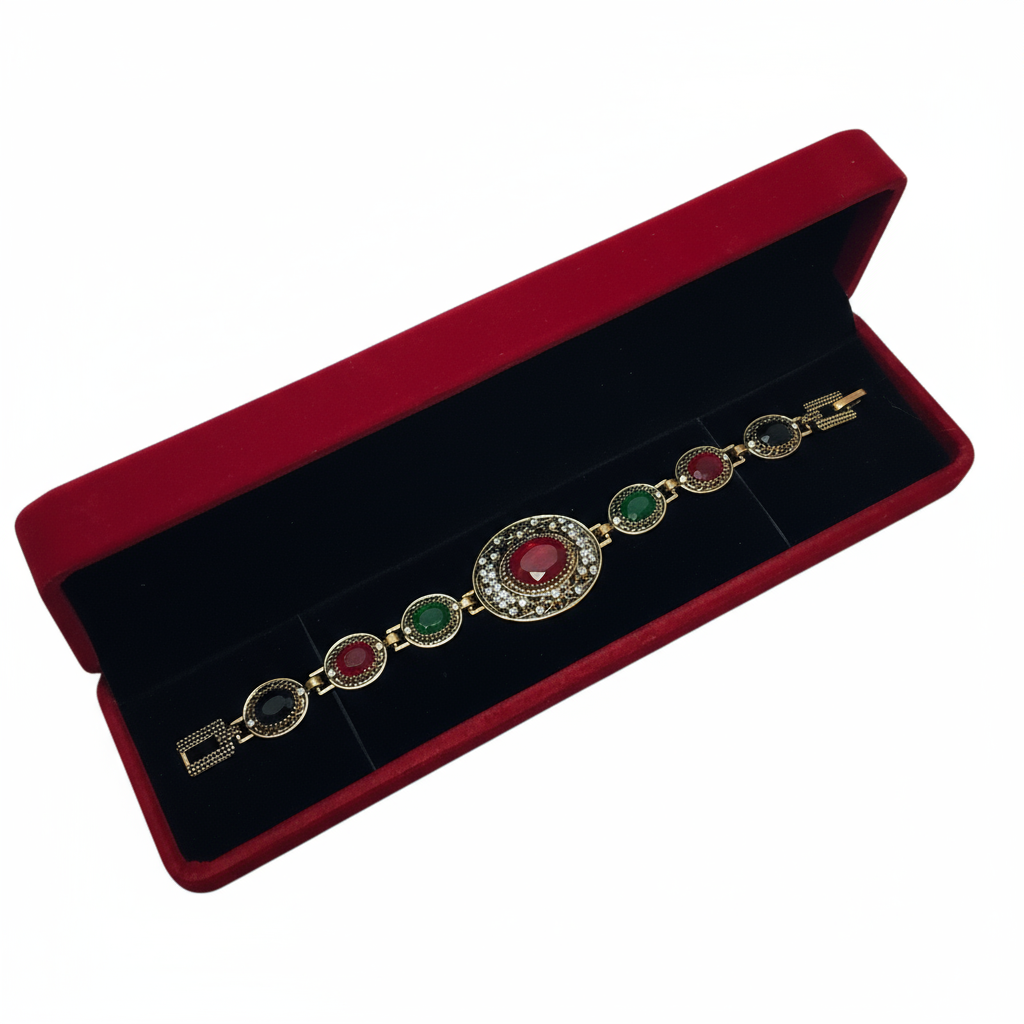💎Coffret Bracelet Vintage Bohème Doré 💚❤️ – Pierres Zircons Rouges et Vertes 🌿💫AM ASSYREM